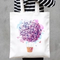 White canvas tote bag featuring watercolor hydrangea and butterfly print for women - Hydrangea Balloons (STD707-G)