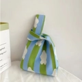 Knot knit tote bag with blue and green vertical stripes and white cloud patterns - Vertical Stripe Flower