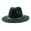 Chapeau fedora en laine vert foncé à bord plat et ceinture en cuir marron avec boucle - Vert Foncé