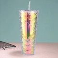 Holographic mermaid scale texture straw cup with iridescent glitter finish and lid - 24oz / Aurora Yellow
