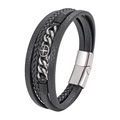 Bracelet multicouche en cuir tressé pour homme avec chaîne argentée et fermoir magnétique - 19cm / Noir