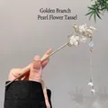 Traditional Chinese gold hair stick with white shell flower and long pearl tassel - 97# Golden Branch Pearl Flower Tassel - Gold