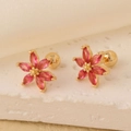 Orecchini a perno con fiori a sei petali rosa in oro con chiusura a vite sicura - 008 Oro Rosso 782