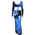 Set due pezzi gonna e crop top nero con stampa floreale blu e coulisse regolabile - M / Nero