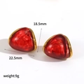 Detailed view of red resin triangle earrings with gold metal frame and size measurement - Red (TE60638-RD)