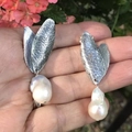 Handcrafted baroque pearl earrings with vintage engraved silver leaves for women - S566 Baroque Pearl