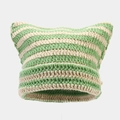 Close-up of green and white striped crochet knit texture on a cat ear beanie hat - M (56-58cm) / Beige and Green