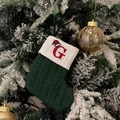 Green knit Christmas stocking with white cuff and embroidered letter G on festive tree - Green/Letter G