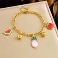 Bracelet doré avec pendentifs émaillés colorés en forme de pastèque et fruit du dragon - Bracelet Style Fruit(B1635)