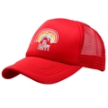 Red mesh trucker hat featuring I'M HAPPY text and rainbow print on front panel - Red