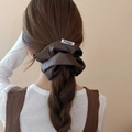 Deep brown faux leather scrunchie with pleated texture shown on a ponytail - Dark Coffee (17# Scrunchie-Dark-Width 13.5cm)