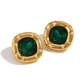 Vintage 18K gold plated cushion earrings with emerald green zircon and radial texture - Earrings-Gold-Green Zircon