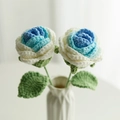 Handmade crochet rose bouquet with white and blue petals for Teacher's Day gift - Woven Rose (Finished) / Gradient Blue (Toothed Large Leaf with Wire)