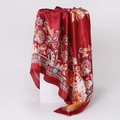 Detail of red floral paisley silk scarf with glossy texture hanging on white blocks - 90x90cm / Dark Red (D9128)