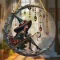 Bohemian acrylic witch ornament on crescent moon with colorful hanging crystals - 15x15cm / Fantasy Witch