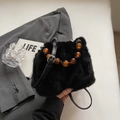 Furry black bucket bag with vintage amber beads and adjustable leather shoulder strap - Solid Black