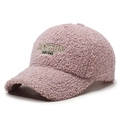 Pink teddy fleece baseball cap featuring embroidered BOSTON 1630 text for winter - Adjustable / Purple