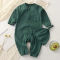 Dark green ribbed cotton baby romper with matching knotted hat and front button details - 66CM / Dark Green