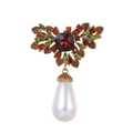 Vintage French floral brooch with colorful crystals and hanging white pearl pendant - Antique Bronze with Red and Green Stones(B152-A)