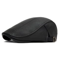 Black leather flat cap with lychee texture and adjustable bronze metal buckle detail - Black