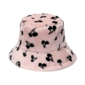 Plush pink bucket hat for women with black cherry patterns and faux fur texture - Pink