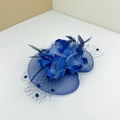 Navy blue French style fascinator hat with veil, floral accents and elegant feathers - With Alligator Clip / Blue