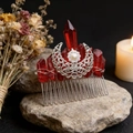 Handmade silver crescent moon hair comb with red crystals and pearls on a stone base - Deep Red Crystal + Hollow Moon + Rhinestone Pearl Flower