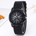 Detailed close-up of a black men's sports watch with nylon strap and functional sub-dials - Black Black Dial