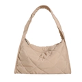 Minimalist beige quilted nylon tote bag with silver zipper and puffy diamond texture - Khaki