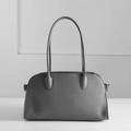 Minimalist grey pebbled leather tote bag with slender straps for office commuting - Horizontal (37x17x21cm) / Graphite Grey (Top Cowhide)