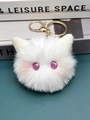 White plush cat ball keychain with large purple eyes and golden lobster clasp - Purple