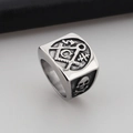 Vintage stainless steel Freemason square and compass ring with skull bone details - US 7 / Silver Square Skull Style (KR45110-K)