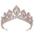 Macro shot of Baroque gold tiara featuring intricate crystal rhinestones and alloy details - KC Gold White Rhinestone