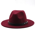 Detail of burgundy wool fedora hat with black leather band and silver metal rivets - M (56-58cm) / Burgundy
