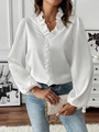 Elegant white ruffle long sleeve blouse for women with a vintage satin lantern sleeve design - S / Tops / White