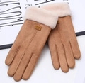 Close-up of brown faux suede winter gloves with plush fleece lining and touch screen tips - One Size / Khaki (Center Line)