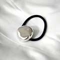 Minimalist elastic hair tie with polished silver irregular metallic bead on white silk - Silver Small Sphere