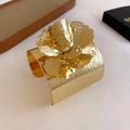 Gold wide open cuff bracelet featuring a large 3D floral design with hammered texture - 55# 3D Large Floral Brushed Style / Gold