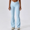 Pantalones de yoga acampanados azul claro con cintura alta en V y textura acanalada - S / Azul Cielo