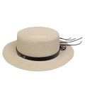 Beige boater straw hat with black star-studded band and long chin straps - Five-pointed Star Studded Band Style (301I)