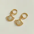 Golden fan-shaped ginkgo leaf earrings with white gemstone and zircon accents - Gold + White Zirconia (KDE1512)