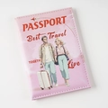 Pink leather passport cover featuring a romantic couple travel illustration and text - Couples Pink / 14×10cm