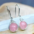 Pink gemstone drop earrings with silver handmade wire wrapping on a crystal stone - Pink
