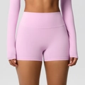 Detailed close-up of high-waisted fitness shorts in light purple with tummy control feature - 7101 Shorts - Cherry Blossom Pink / S