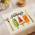 Detail of linen placemat with floral print, coffee cup and golden cutlery on table - Sweet Summer Popsicles