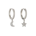 Silver-colored moon and star hoop earrings with clear pavé cubic zirconia stones - Ear Buckle / Silver (Star & Moon)