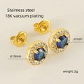 18K gold plated stainless steel stud earrings with blue and white zircon stones - Round / Blue Zirconia