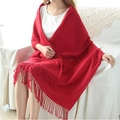 Fashionable red checkered plaid scarf with tassels styled on a white casual outfit - Red
