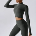 Conjunto de yoga verde bosque con chaqueta de cremallera y leggings de cintura alta para correr - M / Gris Volcánico