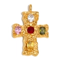 18K gold plated cross pendant with colorful gemstone inlays and textured finish - Cross Pendant - Gold - Multicolor Zirconia